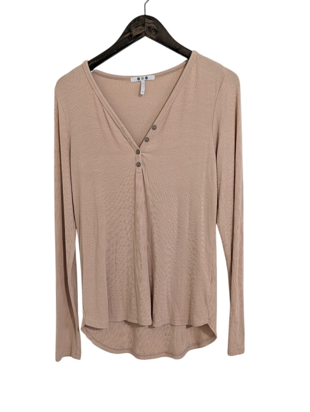 Three Dots Taupe V-Neck Long Sleeve Ribbed Henley Shirt Women's M